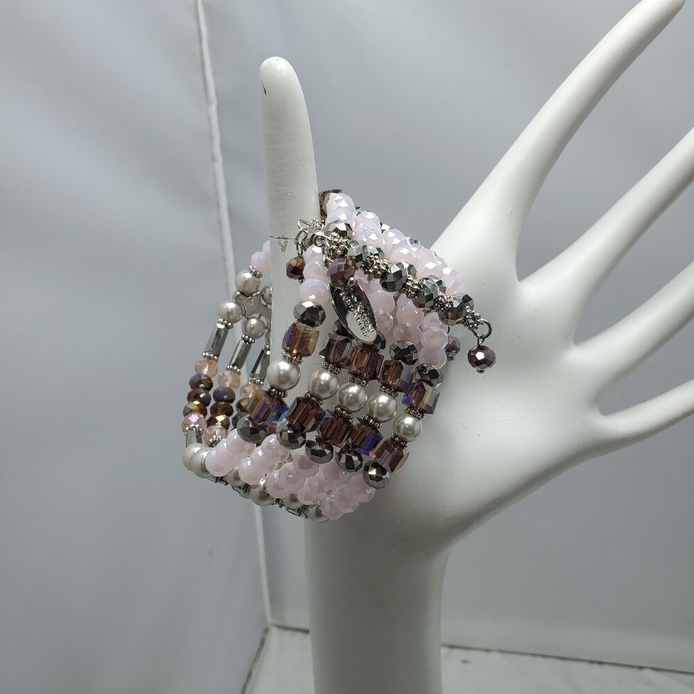 Ali Khan 5 row glass pearl Pink beaded wired wrap opened bracelet